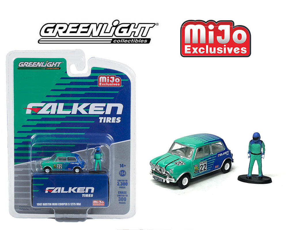 Greenlight 51454 - MiJo Falken Reifen: 1967 Austin Mini Cooper S mit Figur 1:64