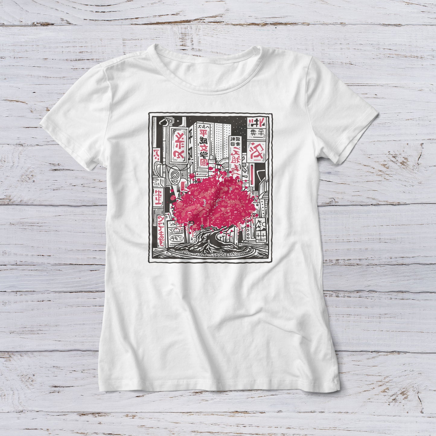 Lootgear - Fantasy World: Japanese City & Sakura Tree T-Shirt